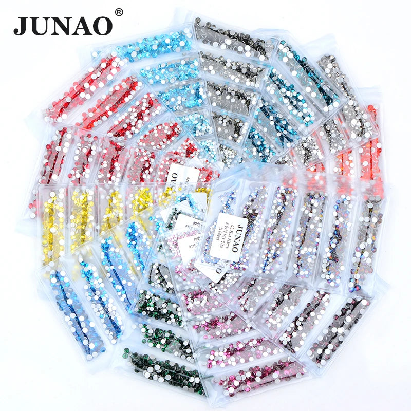 JUNAO Wholesale 6 Grids Mix Size Nail Diamond Strass Round Flatback Crystal Stones Glass Nail Rhinestone for Manicure