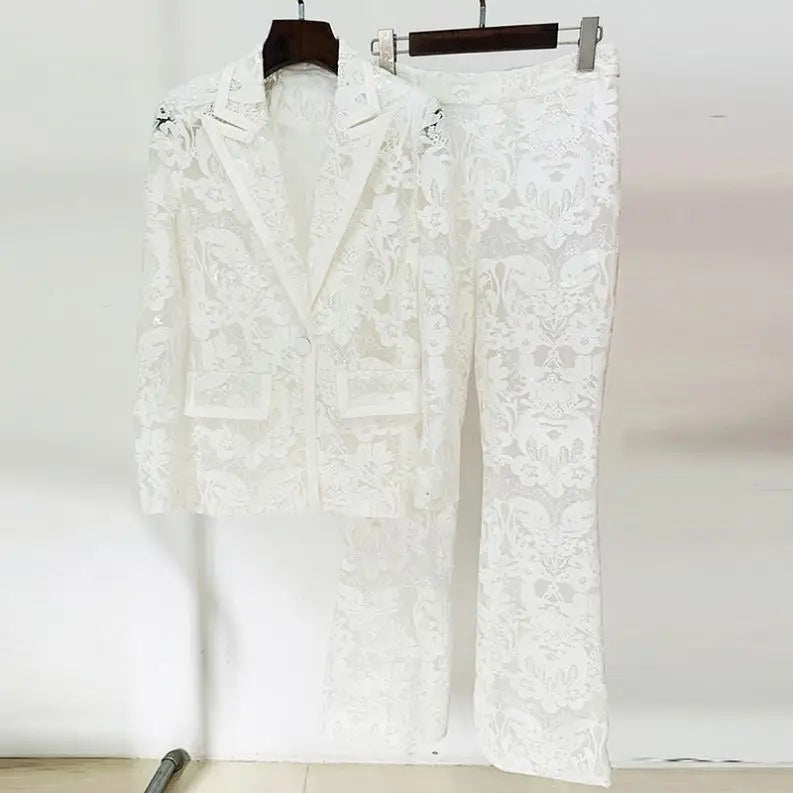 Bettergirl 2026 Fashion New Mesh Heavy Embroidery Sequin Suit Jacket Trousers Set Two Sets