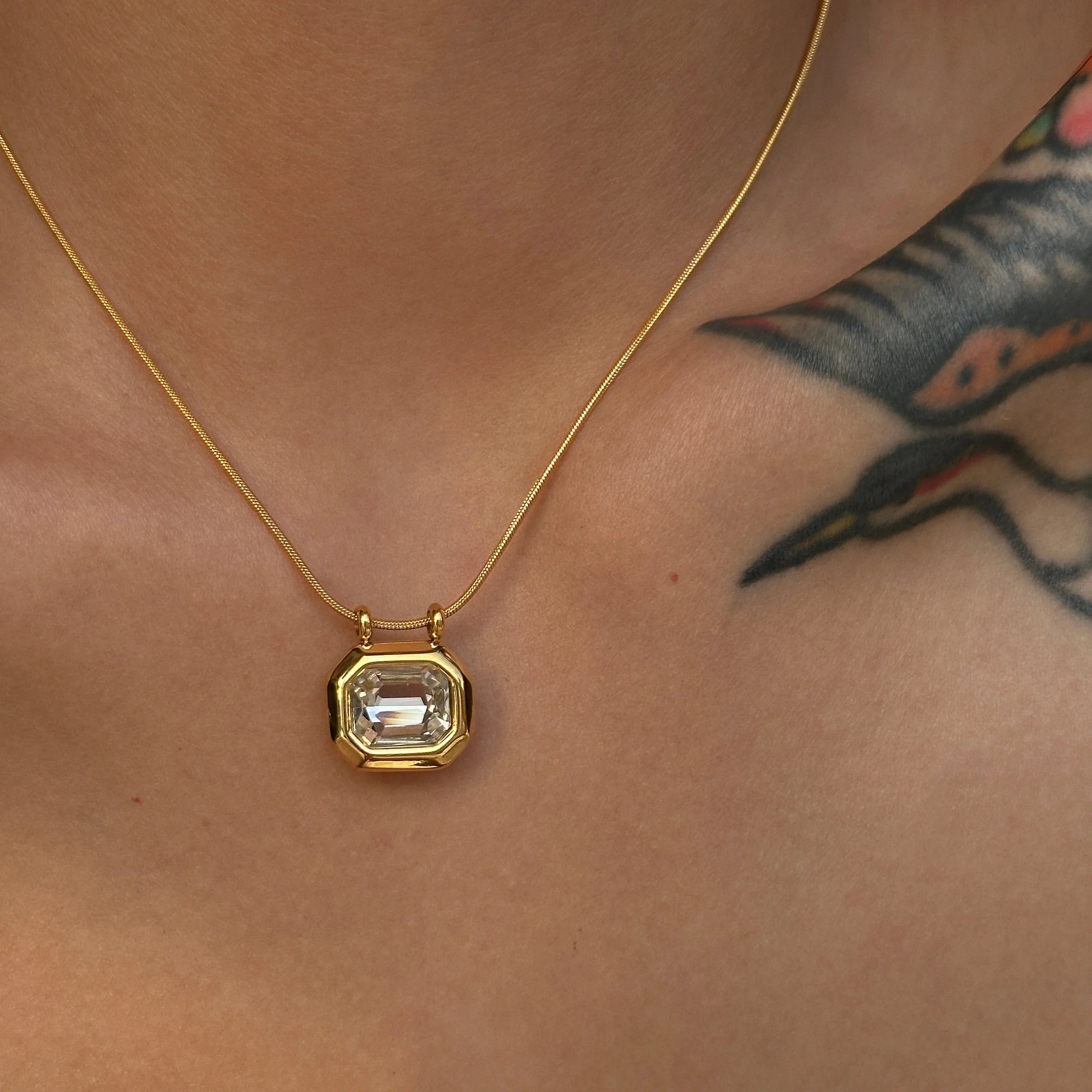 2023 Dazan Trendy New 18k Pvd Gold Plated Tarnish Free Stainless Steel Scandinavian Square Zircon Octagon Pendant Necklace Women