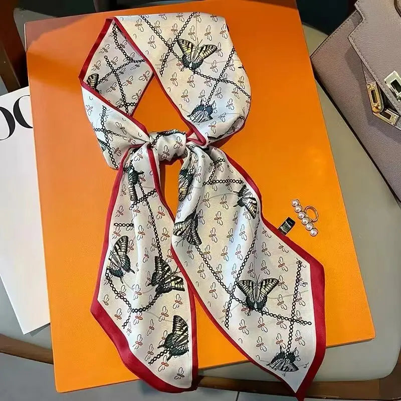 Luxury Women's Long Soft Printed Silk Scarf Comfortable Square Shaws Foulard Dot Hook Flower Bow Beautiful Head Wrap Scarf