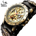 SHENHUA Vintage Gothic Clock Brown Rock Leather Steampunk Men Automatic Mechanical Luminous Watch