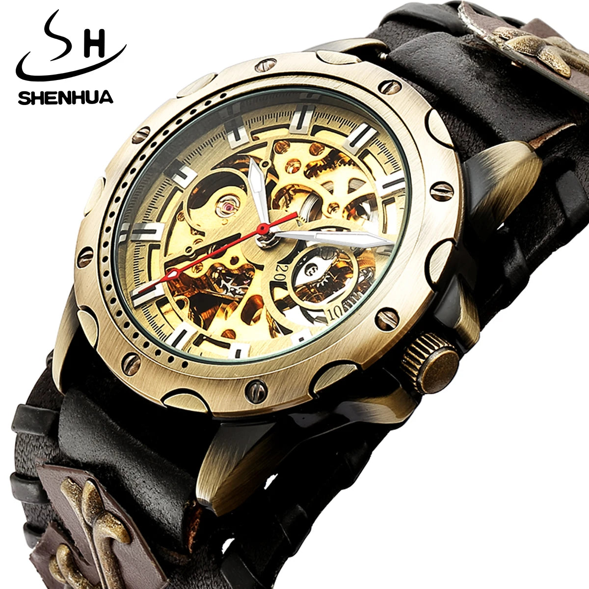 SHENHUA Vintage Gothic Clock Brown Rock Leather Steampunk Men Automatic Mechanical Luminous Watch