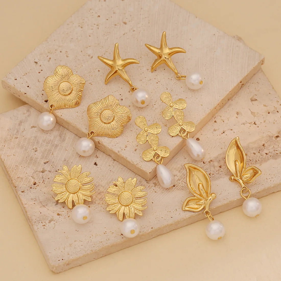 Fashionable Exaggerated Flower Earrings Waterproof Stainless Steel Earring Butterfly Starfish Pearl Drop Earrings for Women