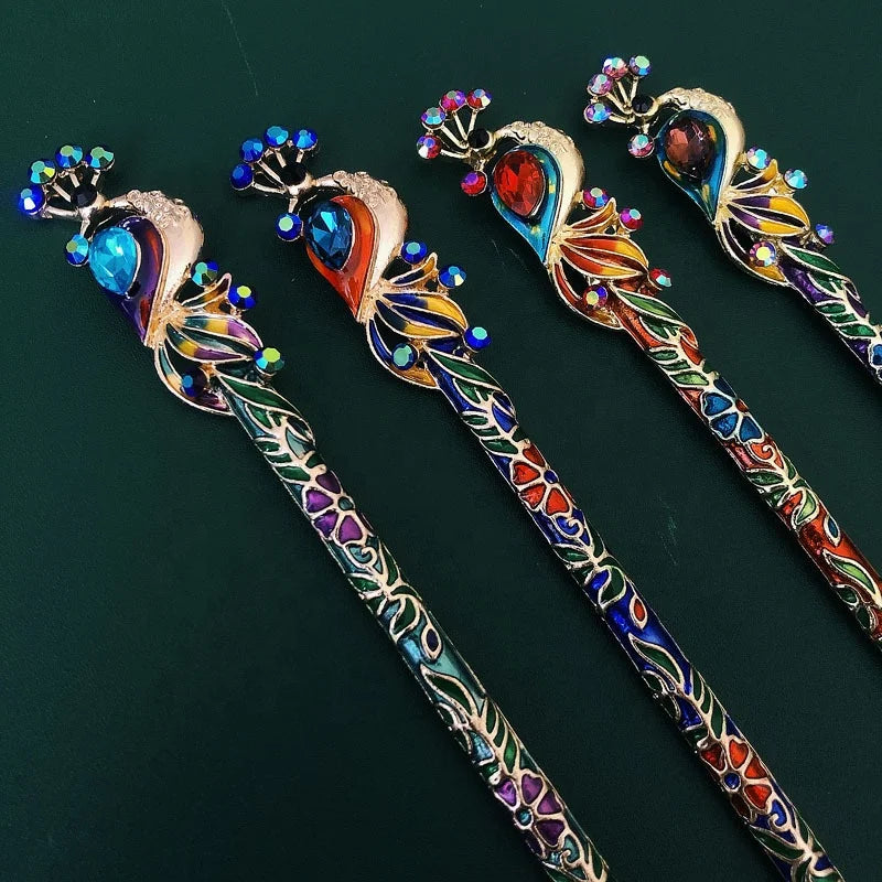 Retro Peacock Cloisonne Hairpin Enamel Crystal Rhinestone Hair Clip Chopstick Accessories Women Hair Stick Chop Sticks for Hair
