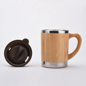 300ml Bamboo Stainless Steel Tumbler with Plastic Lid Inner Insulation Drinking Mug