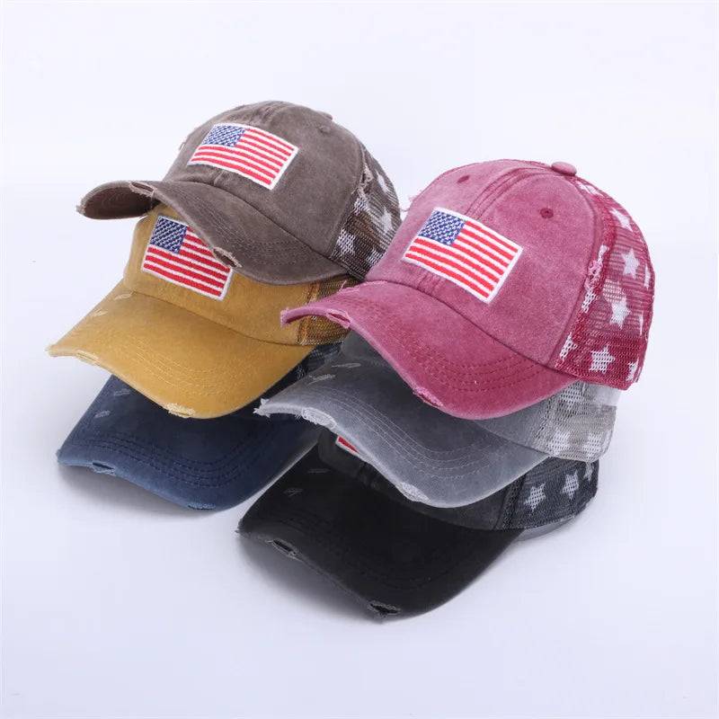 Vintage Washed Distressed Baseball Trucker Hats with Printed Logo Custom American Flag Embroidery Patch Caps