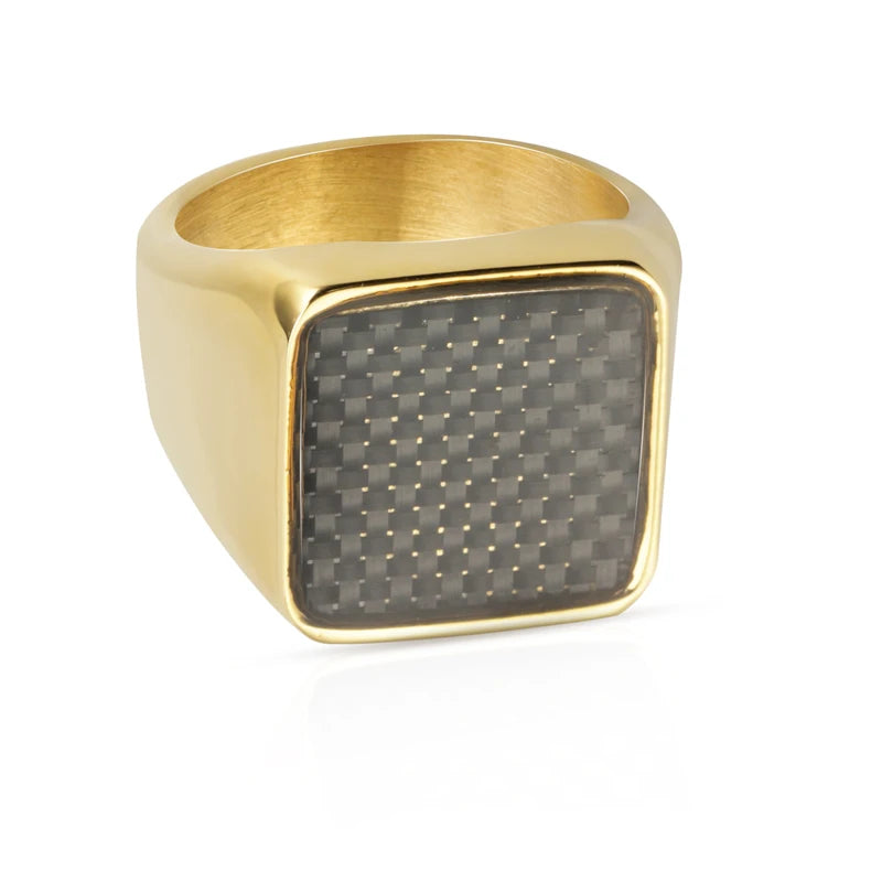 Square Ring Signet Rings Male Jewelry Stainless Steel Carbon Fiber Hip Hop Rock Big Wide Mens Geometric 14mm Gold Black Wedding