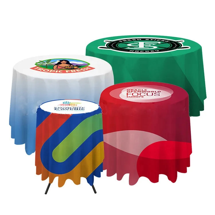 Custom Advertising Trade Show Wedding Round Fitted Stretch Spandex Cocktail Table Cloth Cover