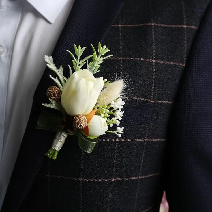 E07327 Artificial Flower Corsage Champagne Corsage Bridesmaid Groomsman Faux Silk Flower Wrist Corsage Bridal Wrist Flower