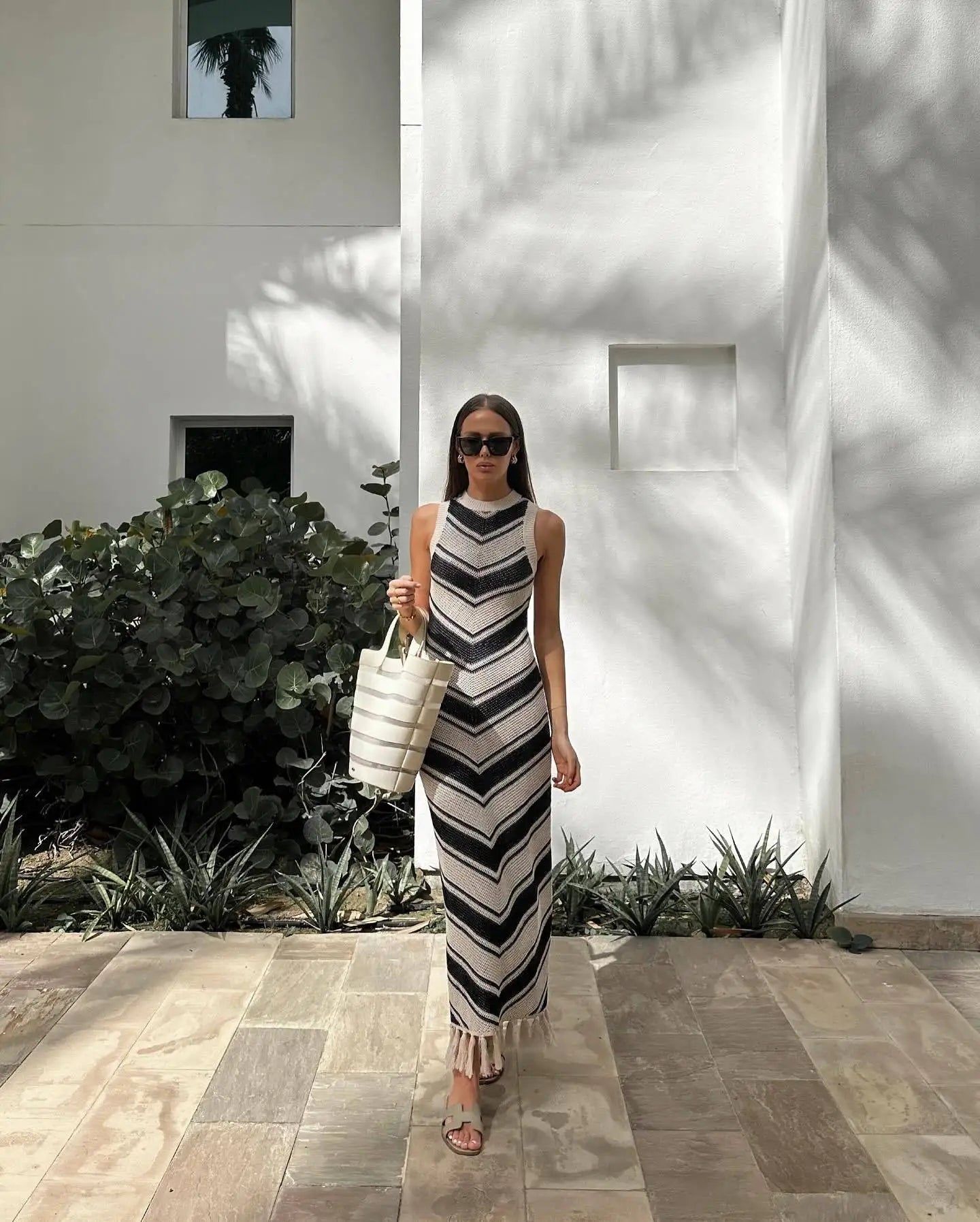 Fashionable Elegant O Neck Printed Sleeveless Casual Midi Dresses Women