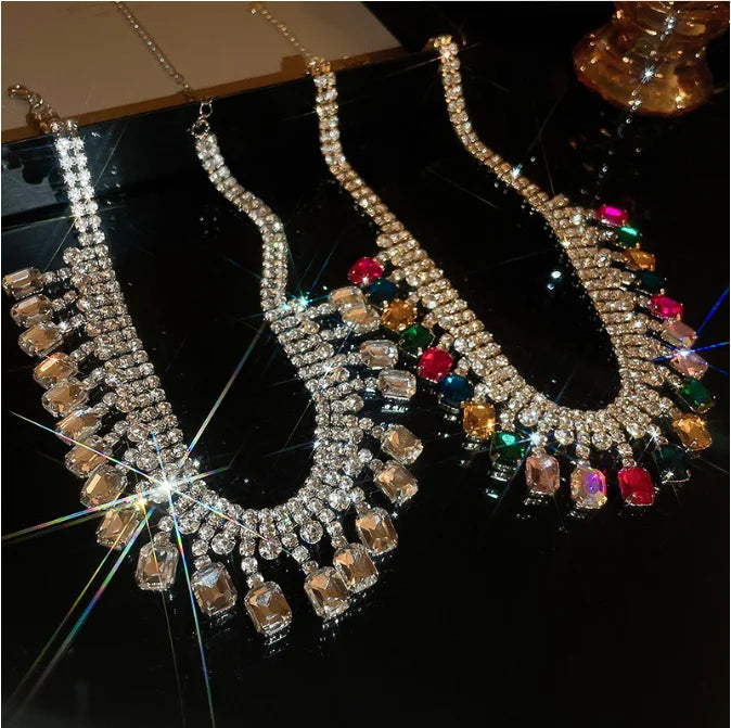Exaggerated Square Diamond Tassel Rhinestone Fringed Choker Necklace for Women Luxury Fashion Weddings Jewelry