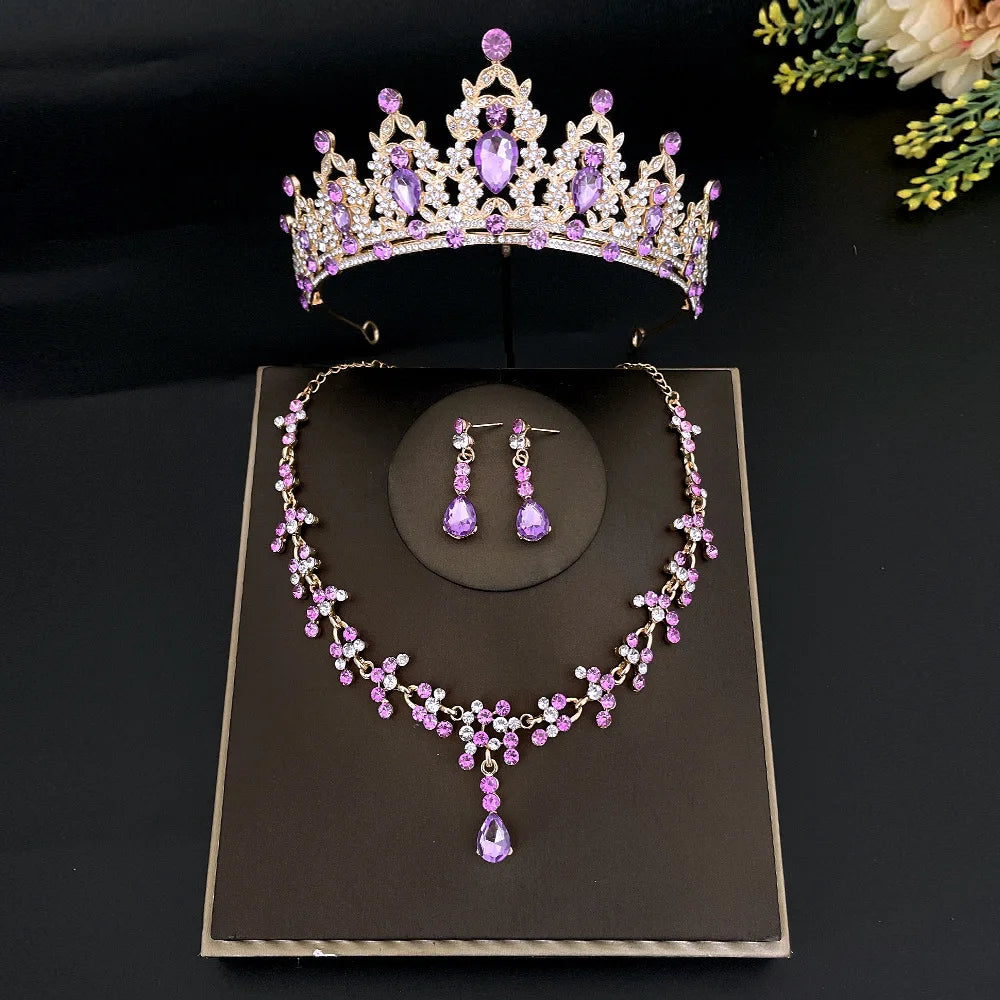 Wholesale Alloy Bridal Crown Necklace Earrings Wedding Tiara Headdress Sets Fashion Trendy Hair Accessories for Women