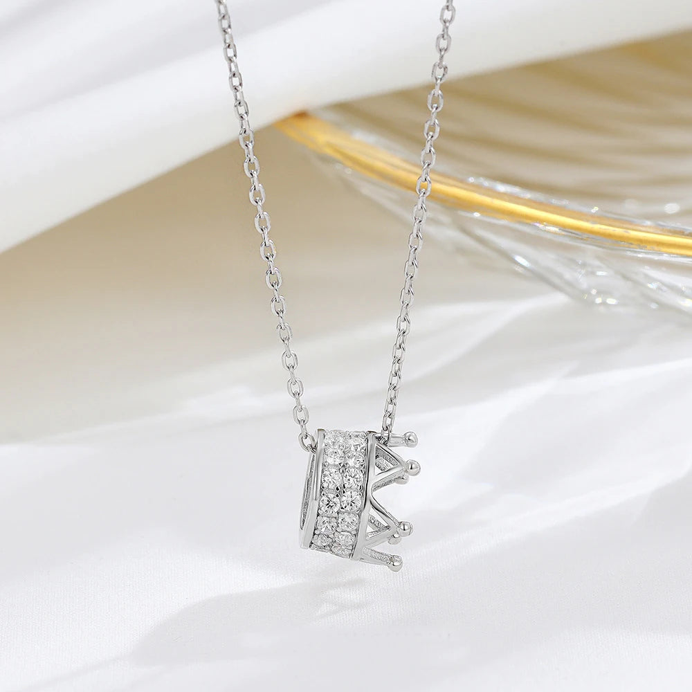 Fine 925 Sterling Silver Diamond Crown Pendant Dainty Simple Clavicle Chain Necklace for Women
