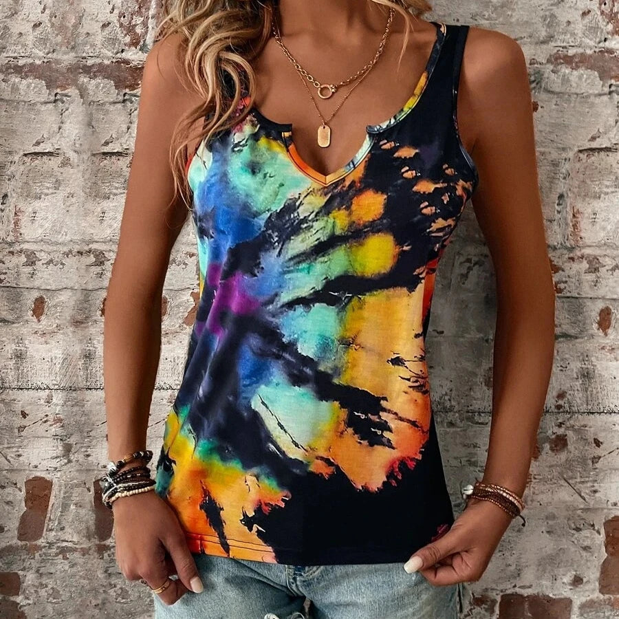 Women's Vintage Print Tie-Dye T-Shirt Quick Dry Sleeveless for Summer 2025