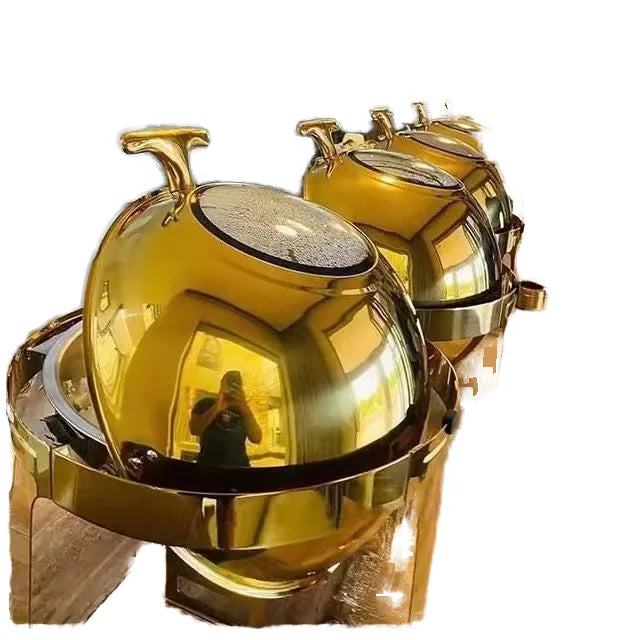 Luxury 6L Round Gold Chafing Dish Stainless Steel Roll Top Buffet Food Warmer for Hotel Restaurant Catering Supply