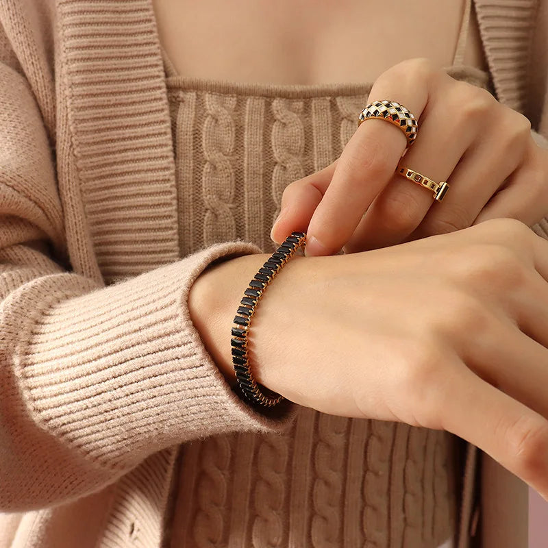 High End Gold Plated Stainless Steel Black Cz Stone Bracelet Tarnish Fee Fashion Jewelry