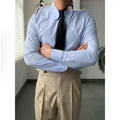 Men's Elegant Blue Long Sleeve Shirt Retro-Styled Fashionable Formal Rounded Collar Summer Business Dress Four Thousand