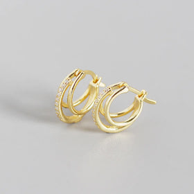 New Arrival Trendy Women's 925 Silver & 18K Gold Plated Triple Wire Trio Hoop Earrings with Micro Pave CZ for Gift