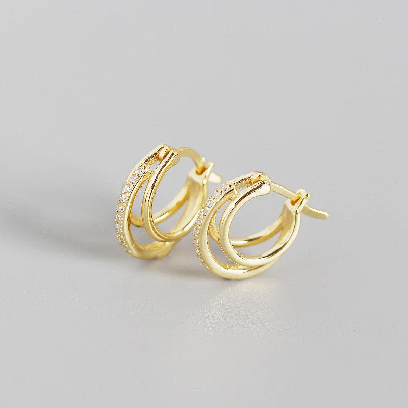 New Arrival Trendy Women's 925 Silver & 18K Gold Plated Triple Wire Trio Hoop Earrings with Micro Pave CZ for Gift