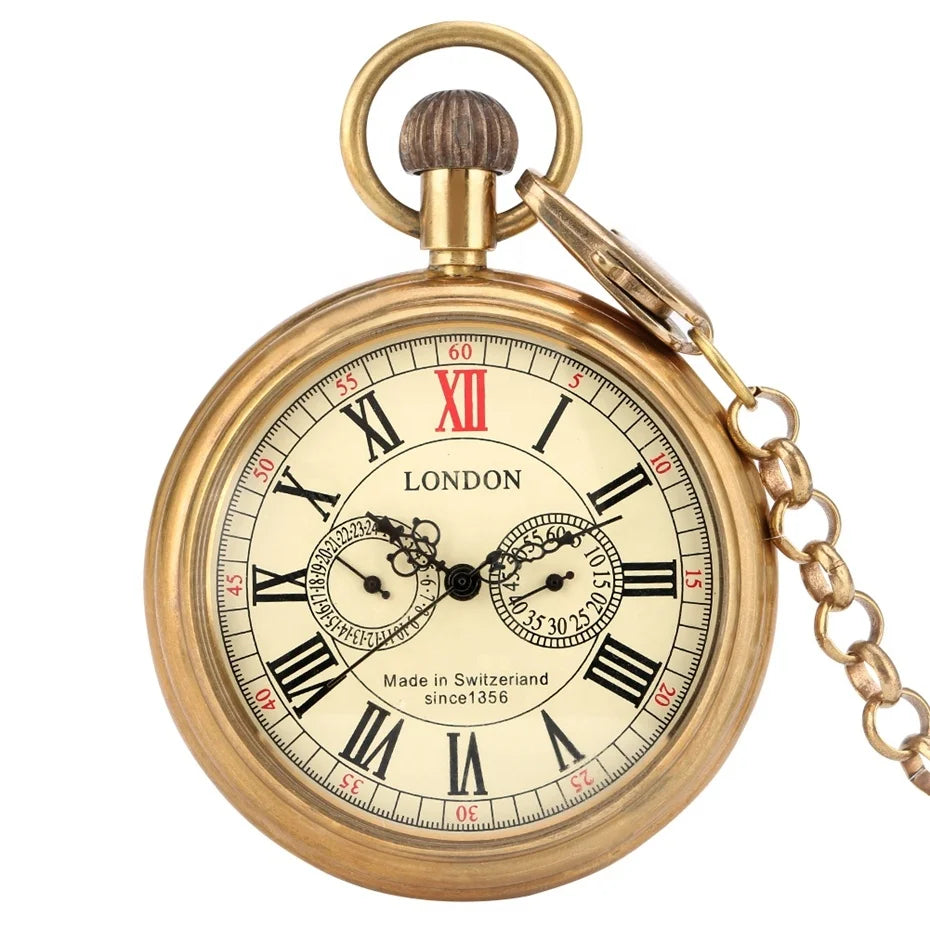 Antique Copper London 1856's Antique 5 Hands Mechanical Pocket  Brass Watches Hand Winding Skeleton Mens Brass Pocket Watch
