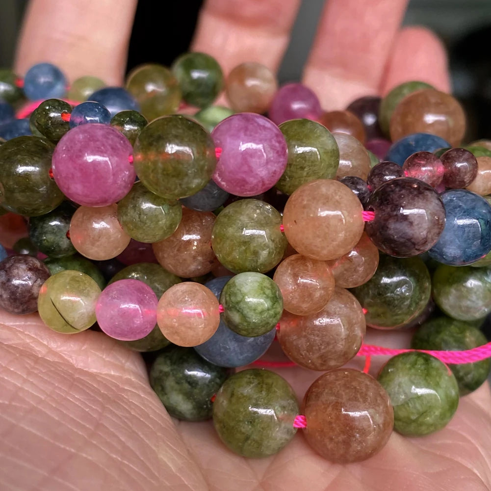 AsVrai U 4mm-12mm Natural Colorful Tourmaline Jade Beads Round Loose Stone Beads for Jewelry Making Findings DIY Bracelet Crafts