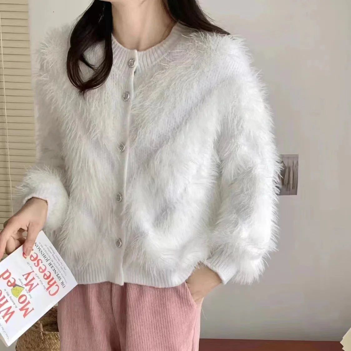 Wholesale Customized O-neck Faux Mink Sweater Coat New Solid Color Loose Cardigan Sweater Long Sleeve Chic Knitwear Cardigan Top