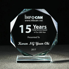 Customized Octagon Crystal Award Polished Carved Glass Trophy UV Printed Souvenir Gift with Angel Sports Themes Block Shape