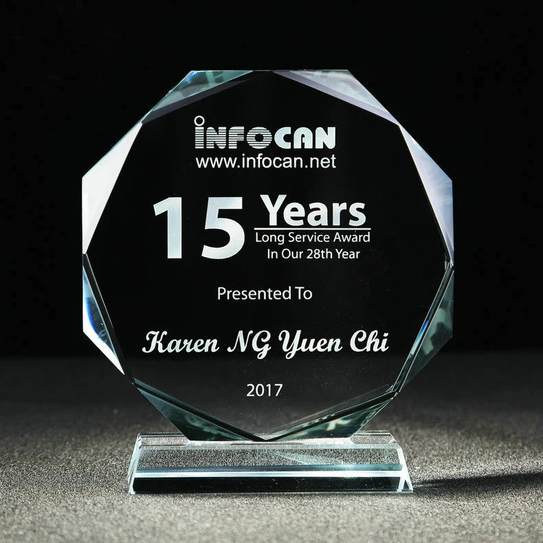 Customized Octagon Crystal Award Polished Carved Glass Trophy UV Printed Souvenir Gift with Angel Sports Themes Block Shape