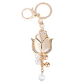 Trendy Women Rhinestone Diamond Tulip Floral Key Chain Pink White Opal Tulip Flower Pendant Keychain