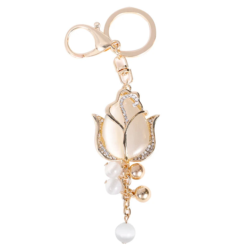Trendy Women Rhinestone Diamond Tulip Floral Key Chain Pink White Opal Tulip Flower Pendant Keychain