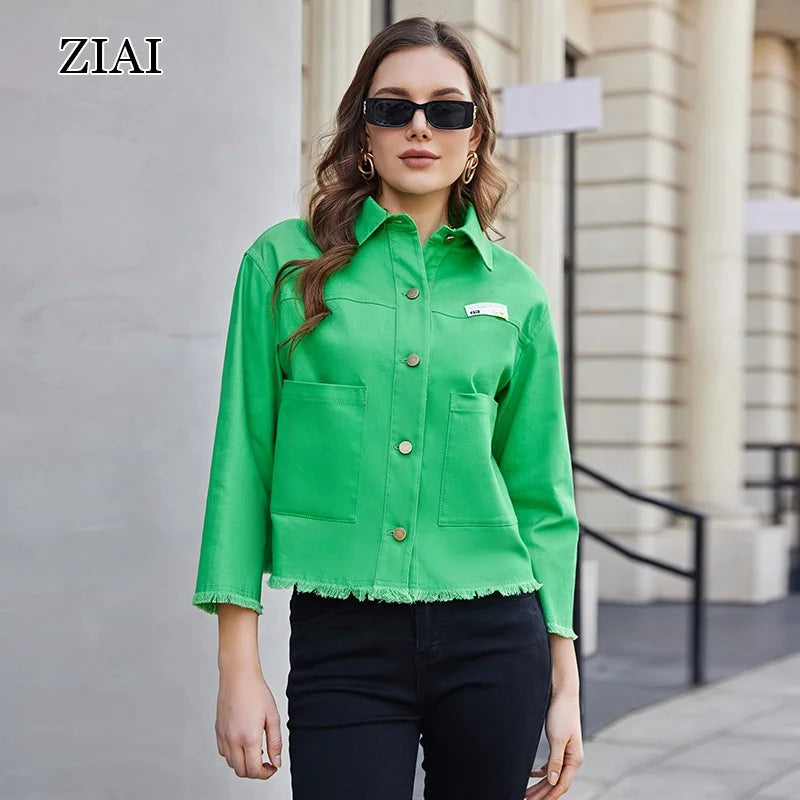 2022 Fashion Green Denim Jacket Ripped Jean Jacket Women With Three-quarter Length Sleeves