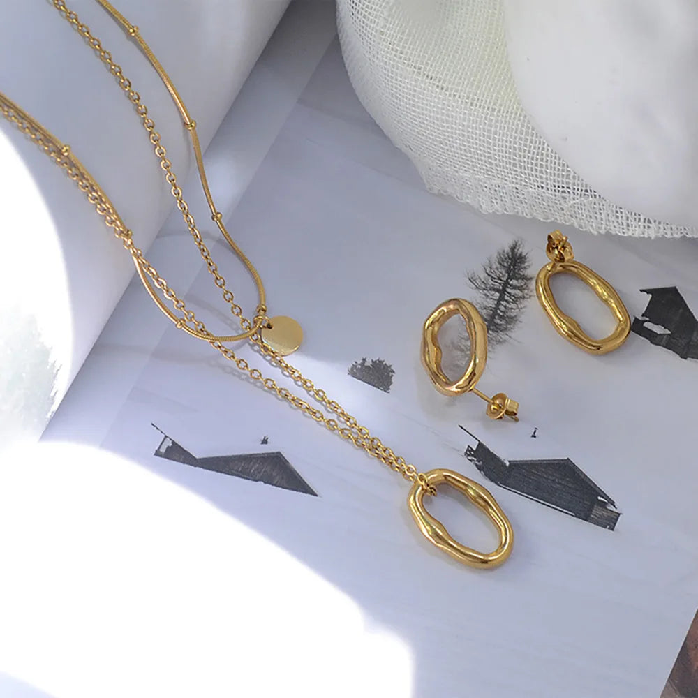 Handmade Irregular Double Layer Circle Pendant Stainless Steel Necklace Earring Jewelry Sets Women