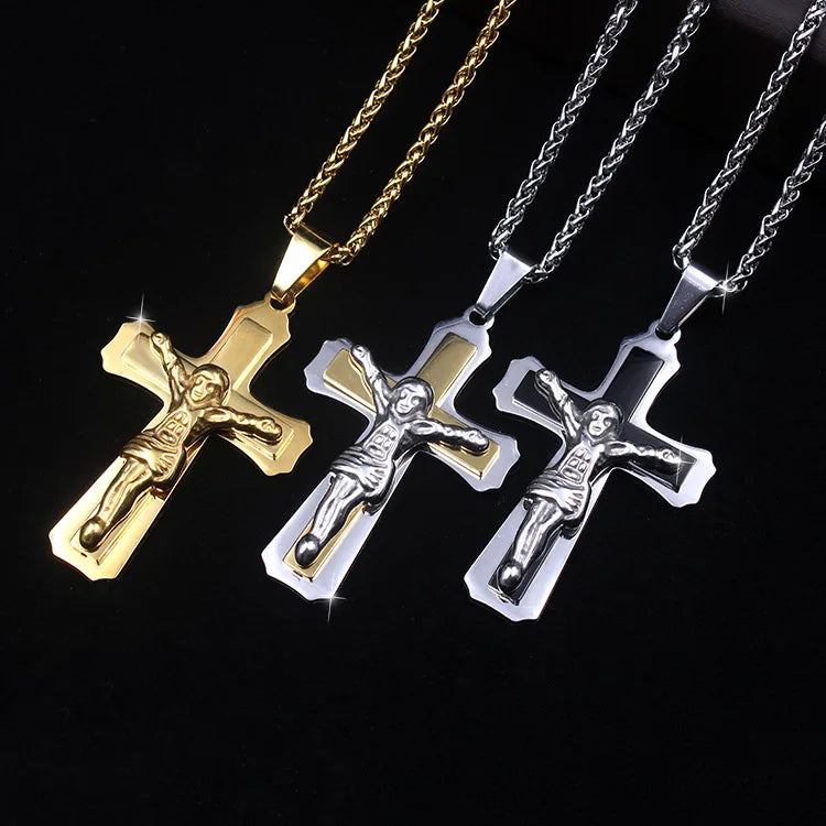 Gangsta Style Stainless Steel Cross Jesus Pendant Necklace for Men Women Gold Plated Solid Snake Chain Wedding Gift