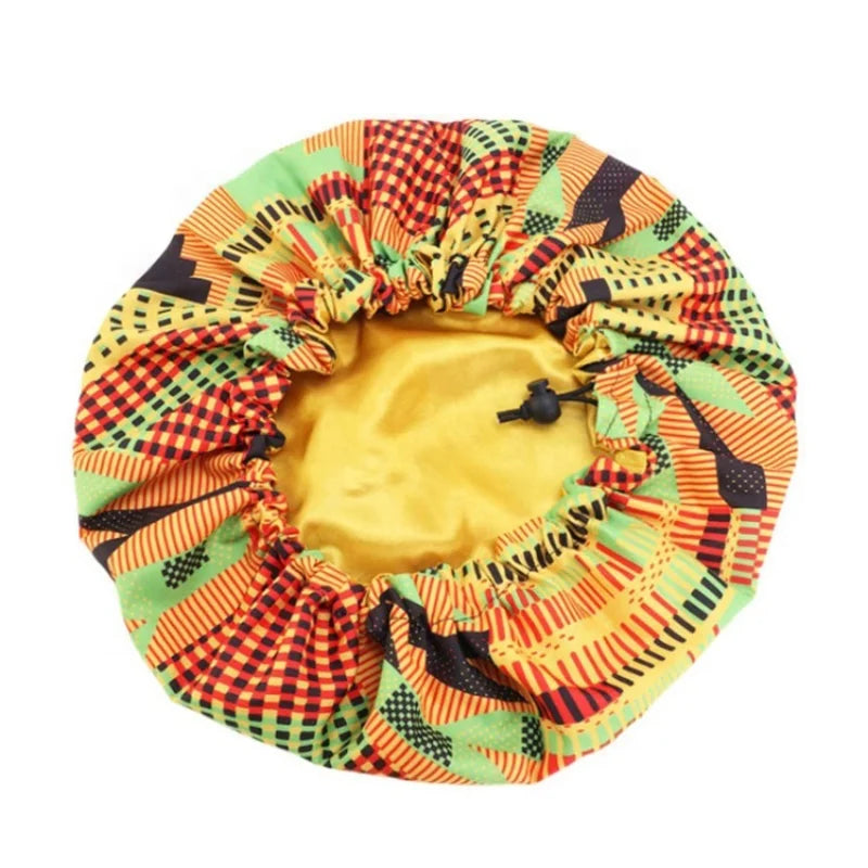 Wholesale Double Sided Elastic African Batik Hair Round Baby Satin Drawstring Sleep Silk Bonnet