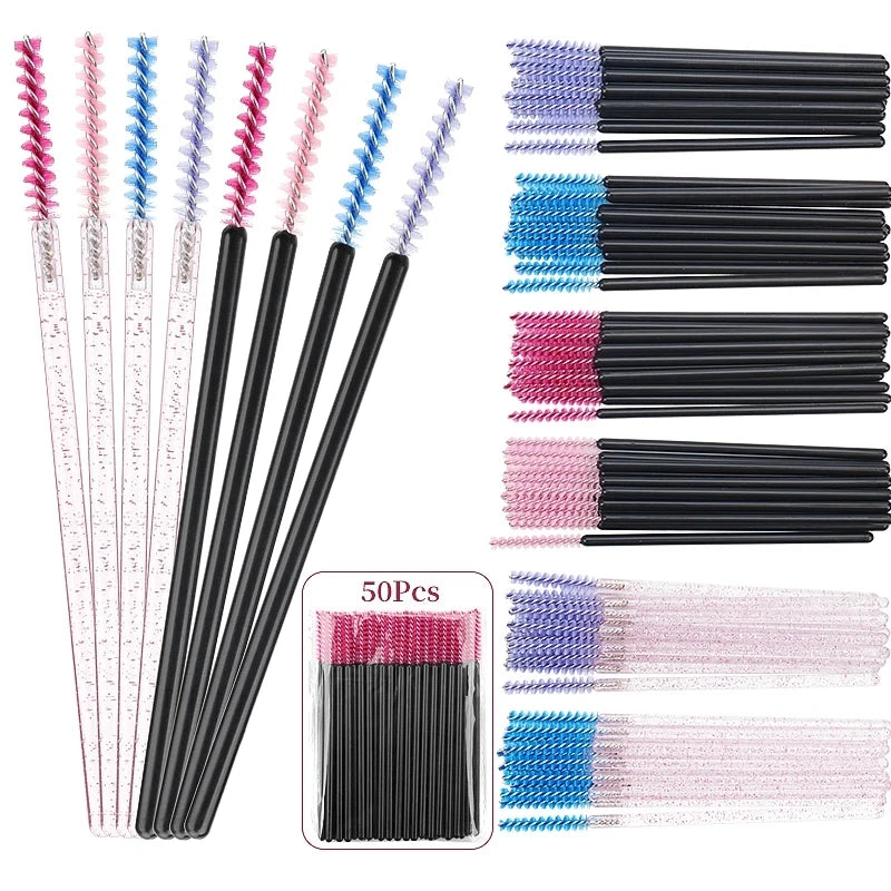 50pcs Makeup Eyelash Brushes Disposable Crystal Eyebrow Brush Diamond Handle Thin Mascara Wand Applicator Lashes Extension Tools