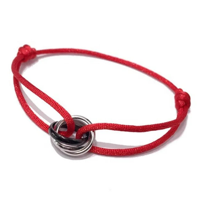 Yiwu Aceon Velle Stainless Steel Smooth Nylon Rope Hand Knot Adjust Closure Tri Color Three Ring Band Interknot Bracelet