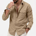 Men's Work Cargo Shirts Double Pocket Casual Long Sleeved Top Loose Fit Solid Color Lapel Shirt