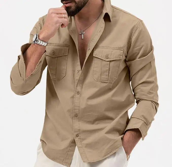 Men's Work Cargo Shirts Double Pocket Casual Long Sleeved Top Loose Fit Solid Color Lapel Shirt