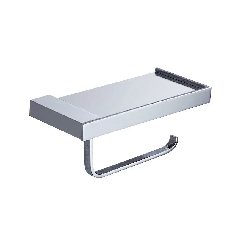 Modern Stainless Steel No Drilling Self-adhesive Toilet Paper Holder & Phone Shelf for Bathroom Shower Room Home Hotel