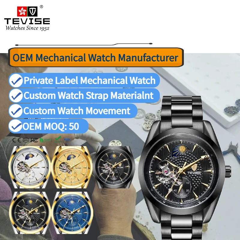 Tevise 795C Men's Round Automatic Tourbillon Stainless Steel Glass Dial Waterproof Mechanical Watch