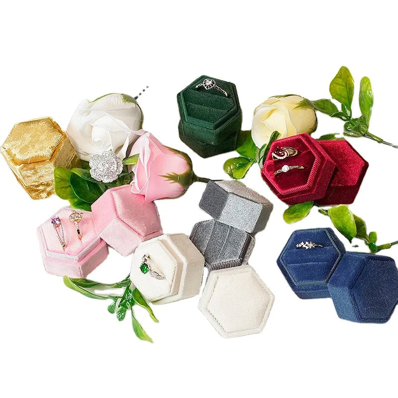 Hot Sale Hexagon Velvet Blue Jewellery Pendant Packaging case Travel Small Jewelry Double Ring Box