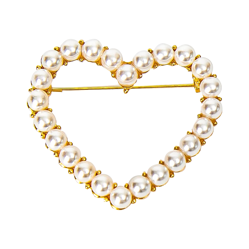 Vintage Gold Plated Zinc Alloy Hollow Love Heart Shaped Brooch Pin Pearl Love Heart Brooches Women