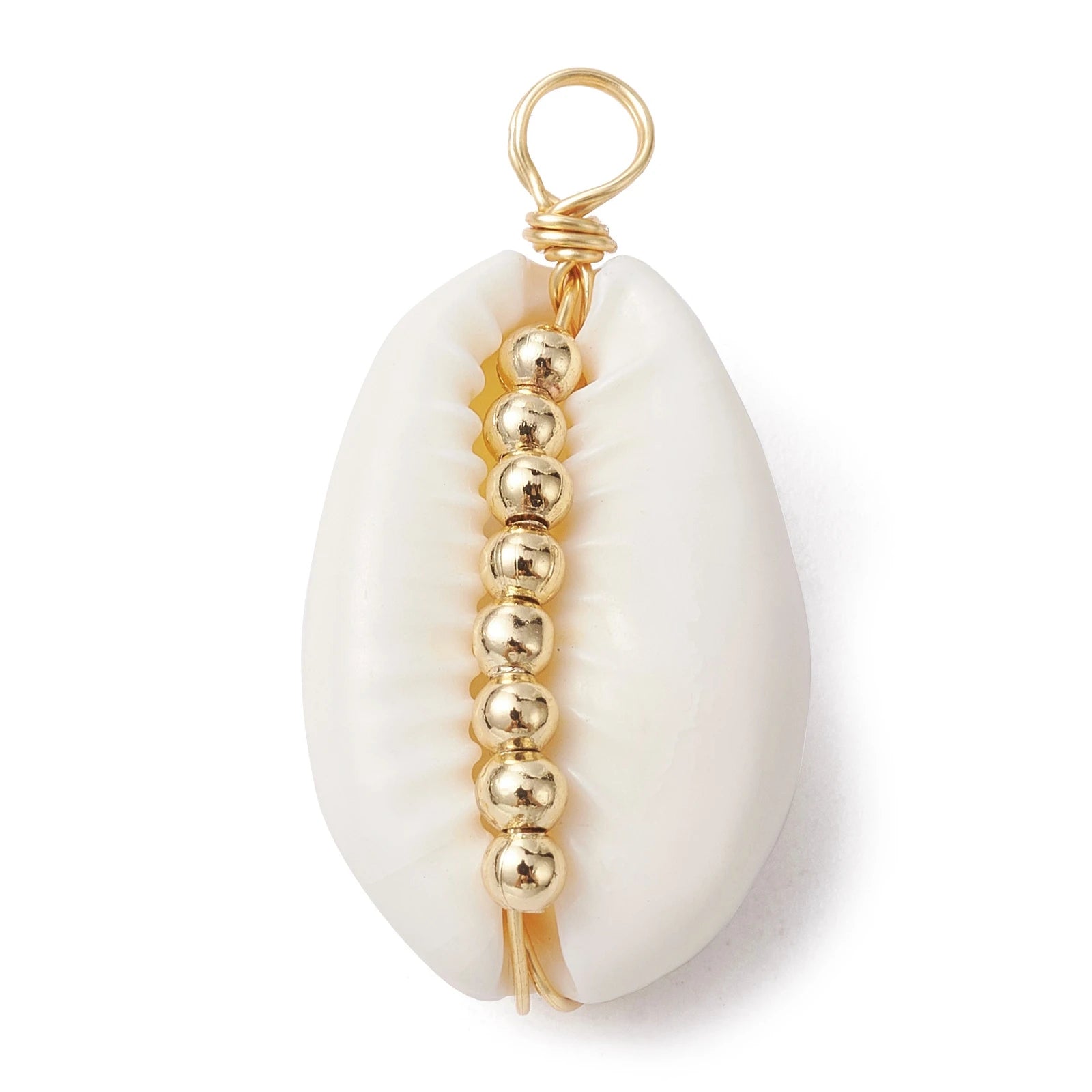 30 Pcs Natural Cowrie Shell Copper Wire Wrapped Pendants Shell Charms with Golden Tone Brass Spacer Beads White