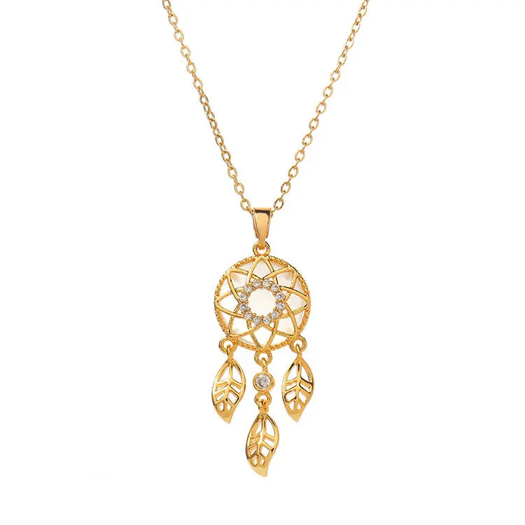 SC Tarnish Free Real Gold Plated Stainless Steel Necklace Women Luxury Opal Zircon Flower Leaves Tassel Dreamcatcher Necklace