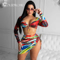 Wholesale Eco-Friendly Breathable 85% Polyester Long Sleeve Crop Top Luxury Print Colorful Bikini Swimsuit Set for Women