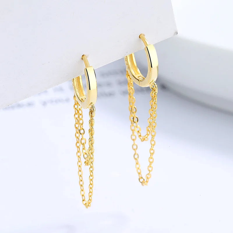 Factory Wholesale Cheap 925 Sterling Silver Plain Long Tassel Chain Dangling Earrings Gold Plated Hoop Earrings for Women