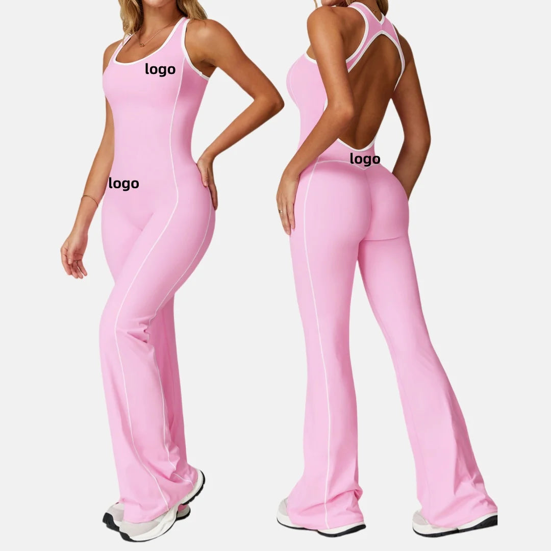 Women One Piece Scrunch Butt Flared Pants Yoga Jumpsuit Contrast Color Open Back Gym Fitness Bodysuit Workout Rompers