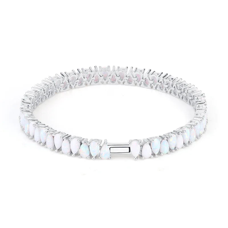 925 Silver Tennis Bracelet with Synthetic Opal Pear Handmade Rhodium Plated for Gift Engagement with Diamond Zircon Pearl Stones