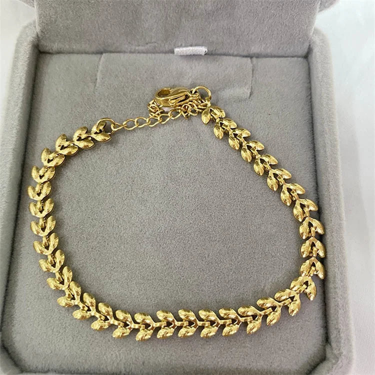 Hot Selling High-Quality 18k Gold Titanium Steel Luxury Design Wheat Ear Charm Bracelet Necklace Women