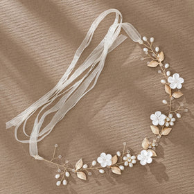 Gold Flower Wedding Hair Crown Headband Rhinestone Bridal Pearl Hair Vine Accessories Jewelry Headpiece for Women